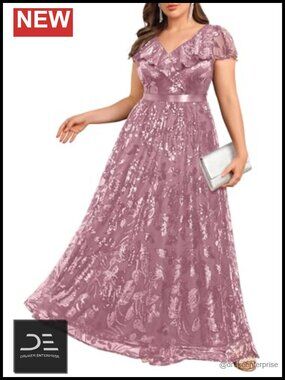 Plus Size Sequin Formal Dress V-Neck Maxi Evening Gown